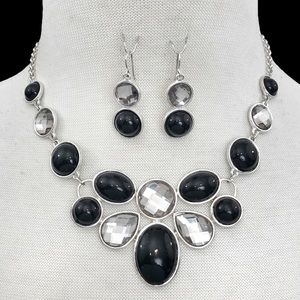 Black Grey Silver Abstract Statement Necklace Earrings Set